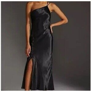 Anthropologie Bl-nk dress Women’s Black satin One-Shoulder Slip Dress Size 6